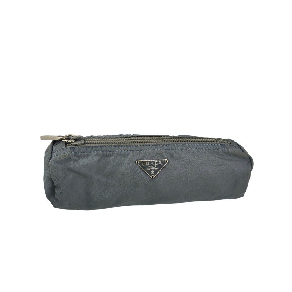 Vintage Prada Grey Nylon Pencil Case Cosmetic Pouch Triangle Logo with COA